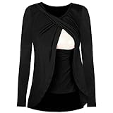 授乳Tシャツ Hosam マタニティウェア Tシャツ 授乳服 長袖 春 秋 冷房 おしゃれ 無地 授乳 産前 産後 妊婦 (XL, ブラック)