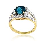 10K イエローゴールド 7mm クッションジェムストーン & 2mm ラウンドホワイトトパーズリング ブルー