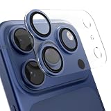 TomakaカメラフィルムiPhone17 Pro用カメラ保護 アルミ合金フレーム+9H強化ガラス+PET台座 全面保護 耐衝撃 超薄一体化デザイン 黒縁あり 露出オーバー防止曇り防止 いPhone 17 Pro 専用 レンズカバー (1枚セット ブルー)