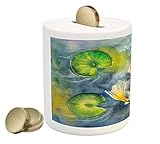 Koi FishコインボックスBank by lunarable、Lillies Marine Lifeカラフル水彩図面のDivineアジア動物、印刷セラミックコイン銀行お金ボックスの保存の現金、バイ