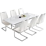 タンスのゲン ダイニング7点セット 【 伸長テーブル + チェア6脚 】幅160-200×90cm 4-6人掛け 鏡面 モダン ホワイト 53100004 00