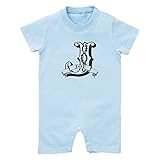 イニシャル ショート ロンパース [HR20] 80cm ライトブルー×ダークグレーロゴ 名入れもOK 出産祝い 誕生日 プレゼント おしゃれな 名前入り ベビー服