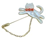 【にゃんこな日々】 猫 夜光貝 ピンブローチ 天然珊瑚 リボン付き