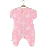 （H_X）全4色可選 袖外せる 2way仕様 6重ガーゼ スリーパー ベビー 秋冬用 半袖 パジャマ 寝袋 オーガニックコットン綿100％ キッズ用 かわいい　動物パターン (M, 動物園 ピンク)