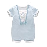 ALLAIBB ベビー服 男の子 女の子 夏 半袖 ロンパース カバーオール 前開き ボーダー 蝶結び 生産お祝い プレゼント ブルー