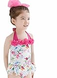 Piulou 女児水着 花柄水着 子供 水着 キッズ 女の子 ワンピース *帽子 2点 セット ローズレッド