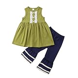 ロングパンツ 上下2セット 女の子 グリーン ラウンドネック レース スリーブなし スカートトップ + 青 フレアパンツ 子供服（6〜24ヶ月 2〜5歳） (6-12ヶ月, グリーン)