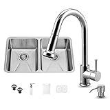 Vigo 29インチアンダーマウント50 / 50ダブルボウル16ゲージステンレススチールキッチンシンクとハリソンクローム蛇口、2つグリッド、2つStrainersとソープディスペンサー