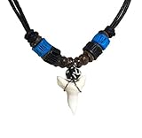 Shark Tooth Rasta Short Beads Necklace Handmade Hawaiian Style Beach Boy Men (Bone Blue Brown) [並行輸入