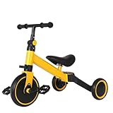 3in1 折りたたみ三輪車/二輪車, 1歳から5歳まで, 足蹴り, ハンドル/サドル調整可能, 空気入れ不要 (イエロー)