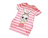 (美来Kids)子供　Ｔシャツ　女の子　キッズ　半袖　ボーダー　リボン ウサギプリント ガーリー トップス ロング丈 チュニック ピンク ミニワンピ 両サイドポケット (100)