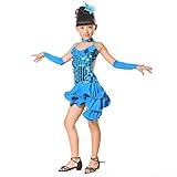 女児 ラテンダンス 練習 演出服 社交ダンス衣装 ラテンダンス衣装 スパンコール スパンコール ドレス ネックレス アームカバー 髪飾り 4点セット (140, ブルー)
