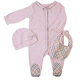 (バーバリー) BURBERRY コットン スリーピース ベイビー ギフトセット ピンク オールインワン ハット ビブ セット (9M)
