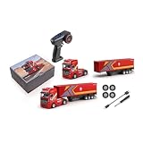 1/64スケール RCコンテナトラック、2.4G、4WD、プロポーショナルステアリング、大型 コンテナトレーラー ラジコン 3ギアモード、クルーズ機能、ライト・サウンドエフェクト付き、レッド