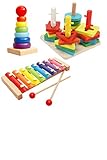 yasushoji 木のおもちゃ 知育玩具 パズル 形はめ 立体 幼児 プレゼント お祝い おもちゃ つみき 教材 セット (タイプA)
