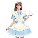 [AOTYP] メイド服 可愛い メイドコスチューム 定番 ショート丈 半袖 メイド レディース ミニスカ アリス 蝶結ぶ lolita ワンピース エプロン アイドル衣装 ハロウィン仮装 女装 カチューシャ付き ブルー2XL