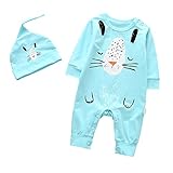 ALLAIBB ベビーロンパースカバーオール 長袖 新生児春秋服 フード付き2点セット うさぎ柄ブルー 59cm