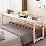 SwiftLink ベッドテーブル 天然木 キャスター付き 昇降式 高さ調整68-103cm 奥行き50cm 耐荷重100kg サイドテーブル オーバーベッドテーブル スムーズに移動可能 幅広天板 パソコンデスク リモートワークデスク 病院 パソコン 両足 安定型 無垢材 介護テーブル 自宅用 在宅ワーク 多機能型 食事 【ホワイト 幅180cm】