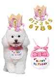 YFFSFDC 犬 猫 誕生日帽子 happy birthday バンダナ よだれかけ 数字付き 2点セット 蝶ネクタイ スタイ 猫 タオル かわいい唾液タオル 王冠 飾り付け 犬 誕生日グッズ 小型犬 調節可能 記念日 パーティー飾り(ピンク)
