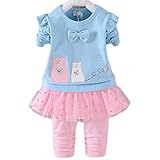 エフティーゾーン(Ftzone)2in1子供服ベビーの女の赤ちゃんの柔らかい綿のティー長袖Tシャツ+ロングパンツセット (18-24ヶ月, 青)
