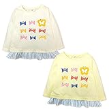 (クリーム/90cm)ベビー服 女の子 Tシャツ 長袖 ちょうちょ ドットプリント ストライプ柄 フェルトワッペン 裾フリル 女児 ベビー