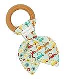 Natural Organic Maple Wooden Teething Ring Toy - Bunny Ears Teether - 100% Stars & Cars Cotton Front