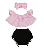 赤ちゃんの女の子の服は、ショルダーブラウストップショーツのヘッドバンド3pcsオフに設定0から24M (6-12 M, ピンク)