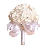 YJMウェディングブーケブライダル人工シルクflowers-crystalバラパールブライズメイドシミュレーション花 28*20cm ホワイト YJM021