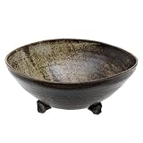 手作り山野草鉢　益子焼　足付平鉢　炭化　鉢底穴あり　直径２５ｃｍ　植木鉢　山野草　盆栽鉢