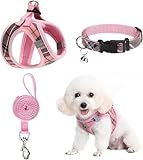 BINGPET 犬 ハーネス 首輪 リードセット 胴輪 小型犬 犬用ハーネス チェックデザイン ハンドル付き メッシュ素材 身体に優しい 反射材付き 調節可能 お散歩 着脱簡単 引っ張り防止 人気 おしゃれ 可愛い (ベージュ, L)