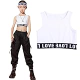 [MaiMeng] 子供服 ハーフトップ タンクトップ キッズ ダンス衣装 女の子 ダンス ヒップホップ スポーツ ステージ衣装 ジャズダンス 小学校 重ね着 キャミソール 黒 白 (ブラック, 140)