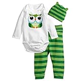 SODIAL(R) ベビーロンパース　長袖コットンベビー幼児カートゥーン動物フクロウ　新生児ベビー服ロンパース +ハット+パンツ 3ピース服装セット-グリーン　95cm