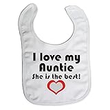 White bib with Black print 'I LOVE MY AUNTIE SHE IS THE BEST!' by Little Big Babies