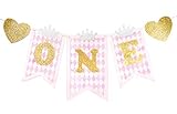 May&June Original 1st Birthday Banner Vintage Pink Square Gold Glitter ONE Banner With 3 Silver Crow
