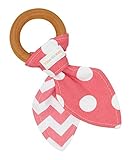 Natural Organic Maple Wooden Teething Ring Toy - Bunny Ears Teether - 100% PinkChevron & Dots Cotton