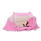 赤ちゃん用蚊帳　蚊帳 付き ベビーベッド　ワンタッチ蚊帳、ベッド、枕3点セット　ムカデ対策 エアコン 風よけ 冷風除け (ピンク)