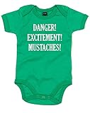 (危険！) Danger! Excitement! Mustaches!, プリント　ベビースーツ - グリーン/白 12-18 ヶ月
