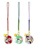 [ズーン] 花ちりめん おみくじ 鈴（８mm） 和柄 ちりめん 根付け キーホルダー（3個入）セット１（えんじ、ミント、紫）