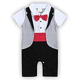 ベビー ロンパース 男の子 タキシード フォーマル スーツ風 半袖 カバーオール 蝶ネクタイ付 (95, 半袖赤)