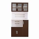 ダークブラウン／ホワイト／食器棚 レンジ台 90cm スライド 木製 おススメ食器棚 キッチンボード 鏡面仕上げ アンティーク 大容量収納可能 ナチュラル ダークブラウン