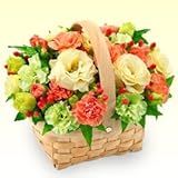 お祝い　花キューピットのトルコキキョウのウッドバスケットアレンジ