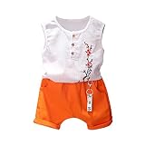 Franterdベビー男の子女の子コットンリネン服セット、漫画刺繍Plum Blossom Tops withボタン+サマービーチショーツパンツ 3T ホワイト