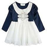 (ラボーグ)La Vogue キッズ 女の子 長袖 ワンピース 子供服 フォーマルドレス ベビーガールズ 丸襟 フレア スカート 発表会 結婚式 入園式 キュート ネイビー 70