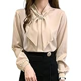 [SYitong] JFashion ボウタイブラウス 爽やか とろみブラウス リボン付き 長袖 おしゃれ オフィス カジュアル シフォンブラウス 春服 リボンブラウス トップス 春 白 ゆったり きれいめ 着痩せ (ベージュ, M)