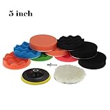 KKmoon 「11点セット」 5インチ ポリッシャースポンジセット 9個研磨パッド+ 1個のウールバッフ+ 1個のシャンク付の接着パッド カーポリッシャー用 洗車 ワックス 研磨パッド バフスポンジ
