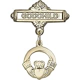 14 ktイエローゴールドベビーバッジwithクラダチャームとGodchildバッジピン7 / 8 x 5 / 8インチ