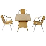 人工ラタンチェア3脚 四角テーブル1台 4点セット 強化ガラス ナチュラル 籐 肘掛けカバー付 家具 ファニチャー インテリア スタッキングチェア リビング chair 椅子 南国 アジアン バリ風 