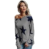 Aliciga 星柄 ゆったり Ｔシャツ 肩出し 2WAY 着用 春 秋 スター プリント レディース 長袖 オフショルダー ヒップホップ ボートネック 人気 おしゃれ トップス シンプル トレーナー