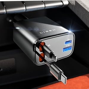 LISEN 4in1 69W シガーソケット 車載充電器 巻き取り式充電ケーブル 2本付き USB-C急速充電対応