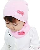 (ミネセンム)Minesam　キッズ　帽子＋スカーフ　二点セット　鮮やか　ベビー　カワイイ　子ども帽子＋スカーフ　二点セット　ふわふわ　キッズ用帽子＋スカーフ　ピンク